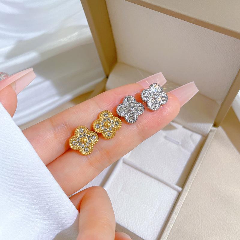Full Diamond Lucky Grass Minimalist Stud Earrings Cold Men'S And Women'S Earrings Personality Temperament Banquet Earrings