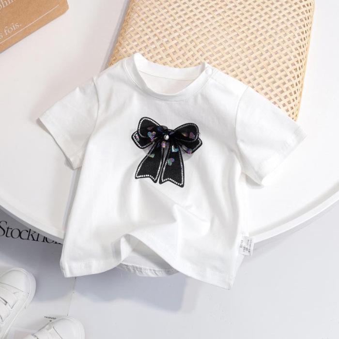 Sommer Kinder Koreanisches Baumwoll Schleifen T-Shirt – Modisch & Niedlich für Mädchen 90 weiß
