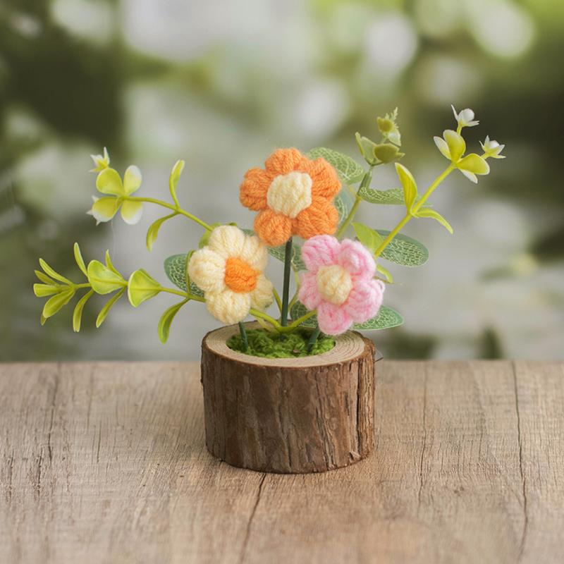 New Crochet Flowers Cute Knitting Flowers Potted Graduation Gift Hand-woven Potted Plants Car Table Home Decor Items