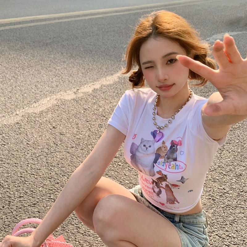 Slim Casual T-shirt For Women Cute Cartoon Print Soft Breathable Versatile Summer Short Sleeve Crop Top