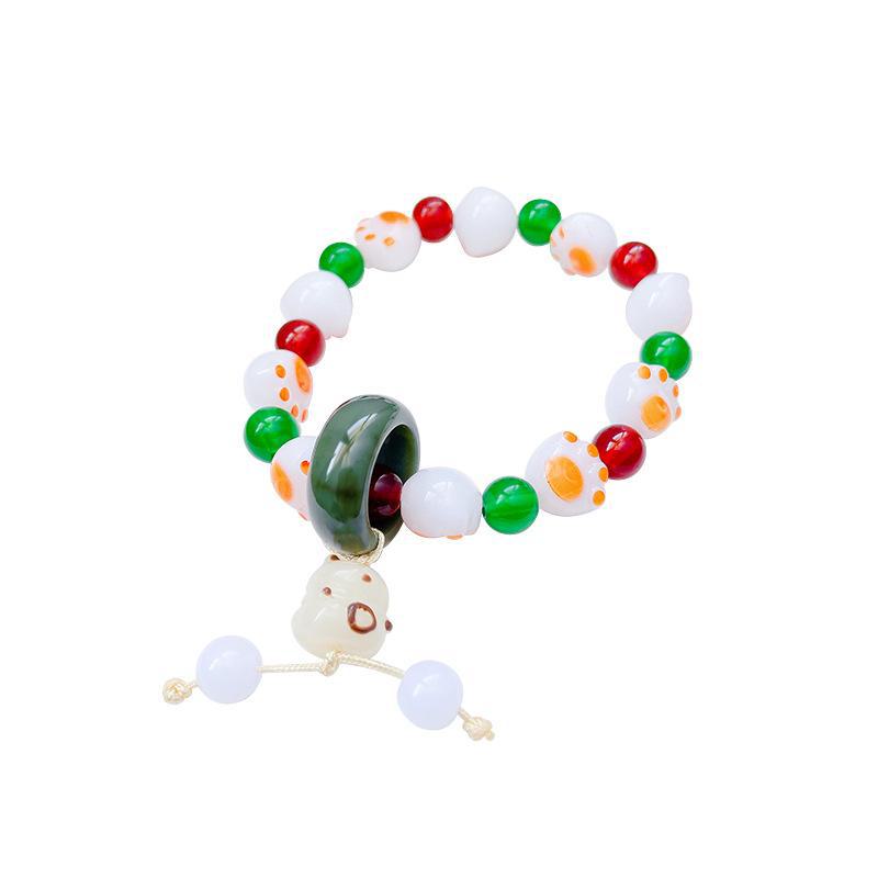 Chic Medieval Chinese-Style Cat Claw Bracelet: Charcoal-Roasted, Imitation White Jade & Bodhi Seeds, Soft Play Women's Jewelry