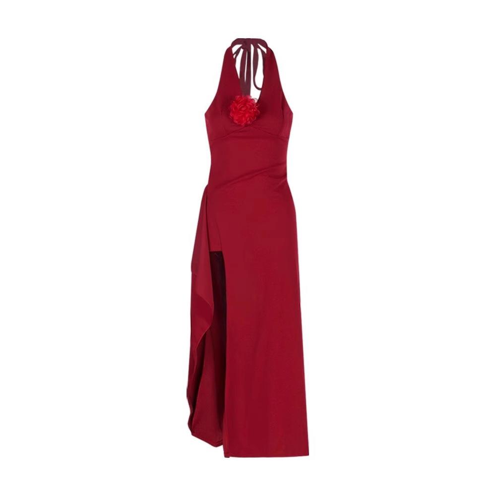 Red Three-dimensional Flower Neck Dress Women's Summer Slim Dress Long Dress Pure Waist Split Hip Skirt