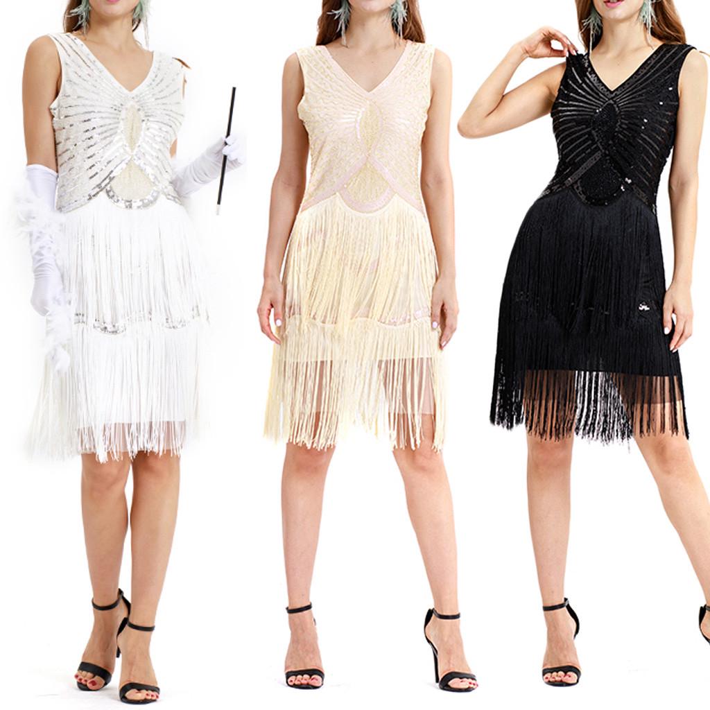 Women Vintage Bead Fringe Sequin Lace Party Flapper Cocktail Prom Dress ...