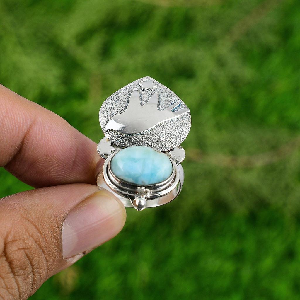 Anniversary Gift For Her Natural Larimar Solitaire Adjustable Ring 925 Silver