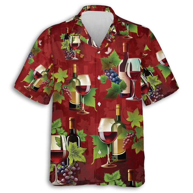 ETST51 3D Print Mousserende Wijn Grafisch Hawa&iuml;aans Shirt Voor Mannen Zomer Korte Mouw Champagne Knopen Beach Shirt Mannen Blouse Tops 5XL