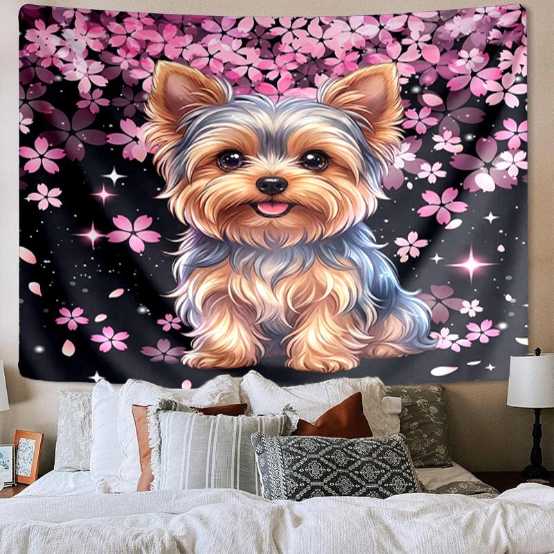 Cherry Blossom Yorkie Tapestry Room Decoration Wall Hanging for Living Room Bedroom, dormitory, Birthday and Christmas gifts