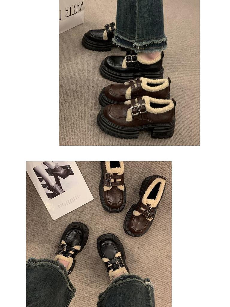 Damen Britischer Stil Fleecegefütterte Doppel-Schnallen Slipper - Dicksohlige, Vielseitige, Warme Lederschuhe