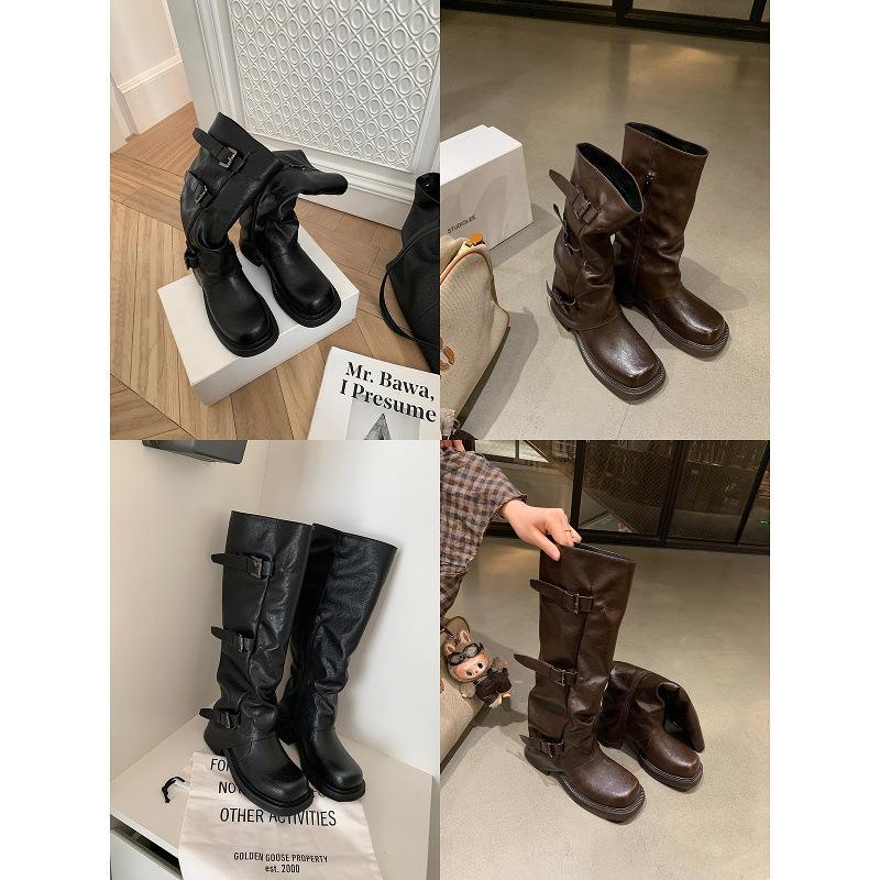 Rindsleder~ Grape Mom, der gleiche Stil hat eine Höhenzunahme von 6 cm, Gürtelschnallenfalten, mittelhohe Stiefel, Ritterstiefel aus echtem Leder, Damen p