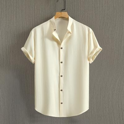 Summer Shirts Fashion Casual Stand Up Collar Short Sleeved Shirt Solid Color Cotton Linen Shirt Men's Top