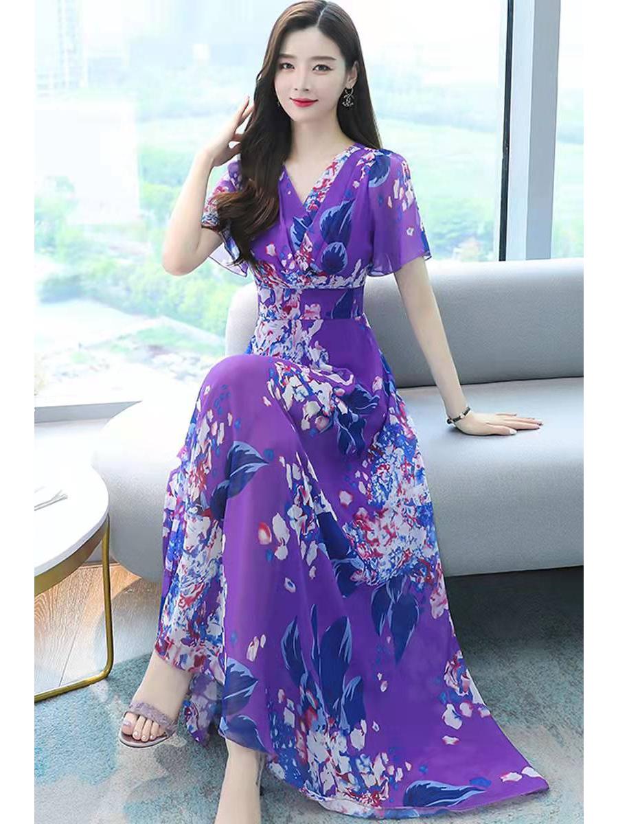 

199 Летняя юбка в стиле бохо с коротким рукавом и длинной юбкой: Платье из шелка с цифровой печатью 3XL