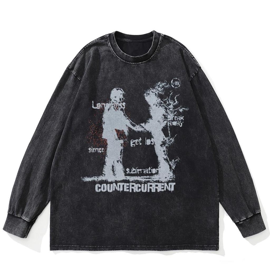 Streetwear Shadows Graphic Washed Black T-Shirt Cotton Unisex Plus Size Long Sleeves T Shirt