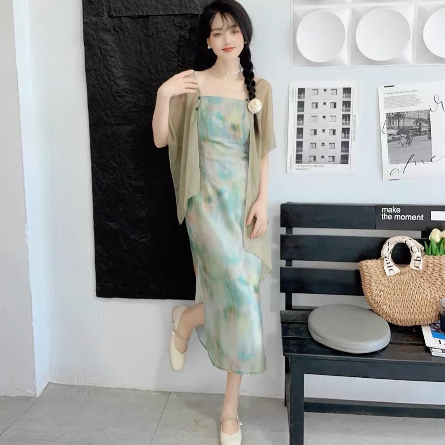 

Flowy Ink Painting Cheongsam: Open Back Beach Holiday Dress S