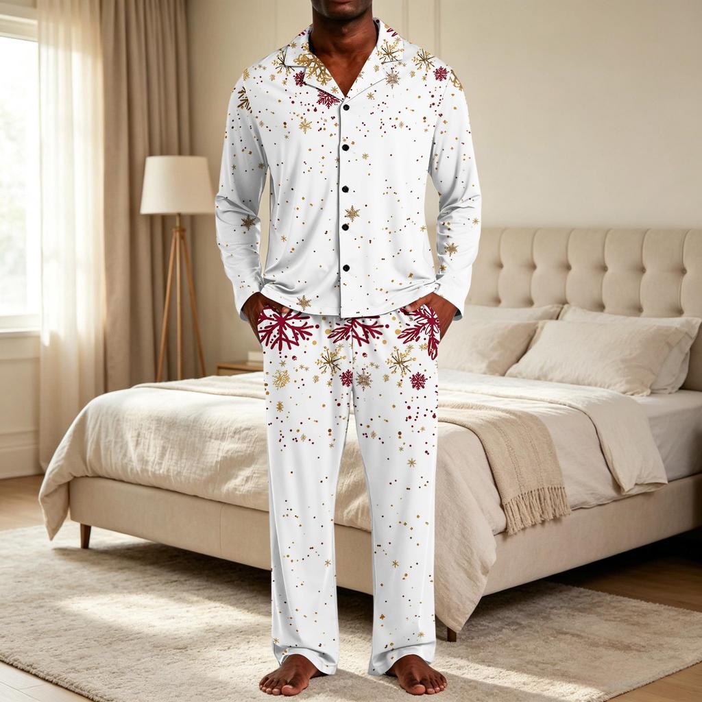 Kerstpyjamaset voor heren met knopenhemd en rechte broek, Casual print nachtkleding tweestukken outfit, Feestelijke loungewear voor de feestdagen
