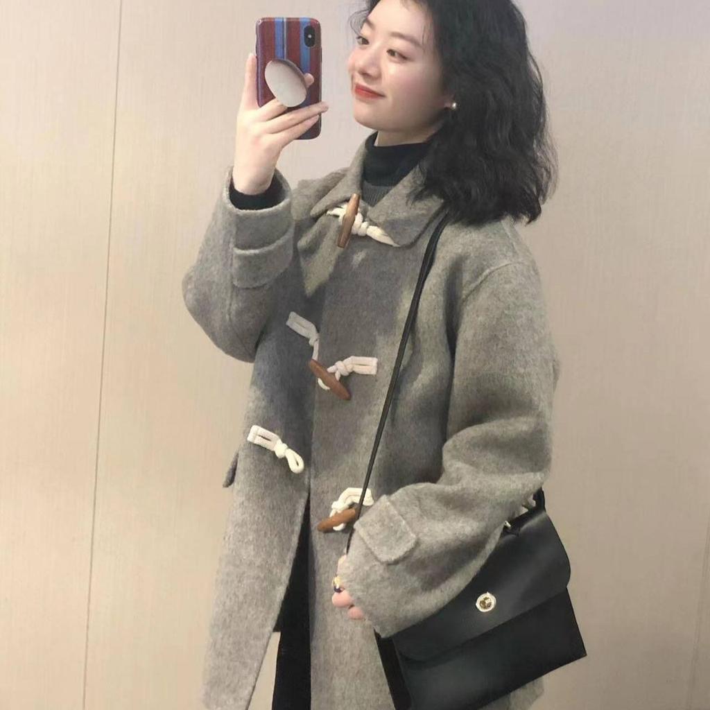 Short Wool Coat Women Winter Korean Style Horn Button Jacket High Quality Petite Outerwear