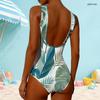 Women Plus Size High Round Neck Sleeveless Tropical Leaf Printed One Piece Swimsuit