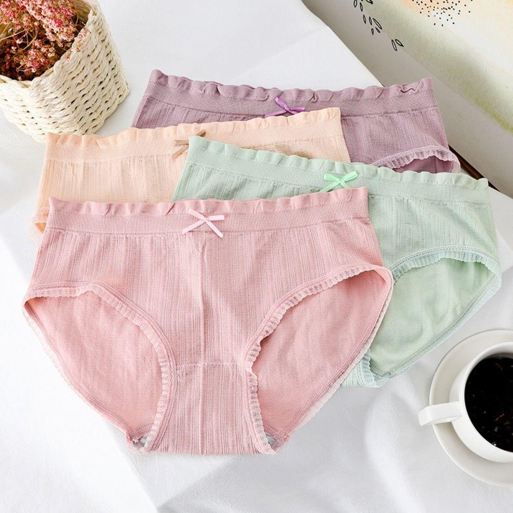 4Pcs Mid Waist Seamless Briefs Cotton Crotch Underwear for Women Fashion Lace Bowknot Panties  Lady