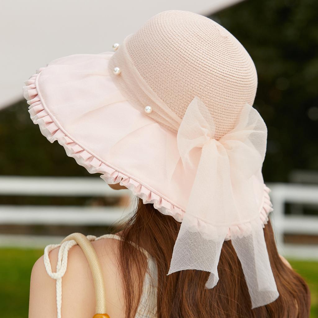 Summer new women's organza bow bucket hat fashion splicing straw hat travel sun protection sun hat big brim
