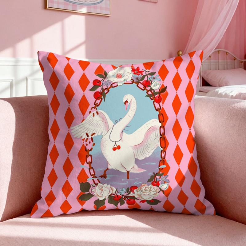 Vintage Swan Pink Orange Diamond Floral Print Throw Pillow Cover Cushion Case Whimsical Home Decor