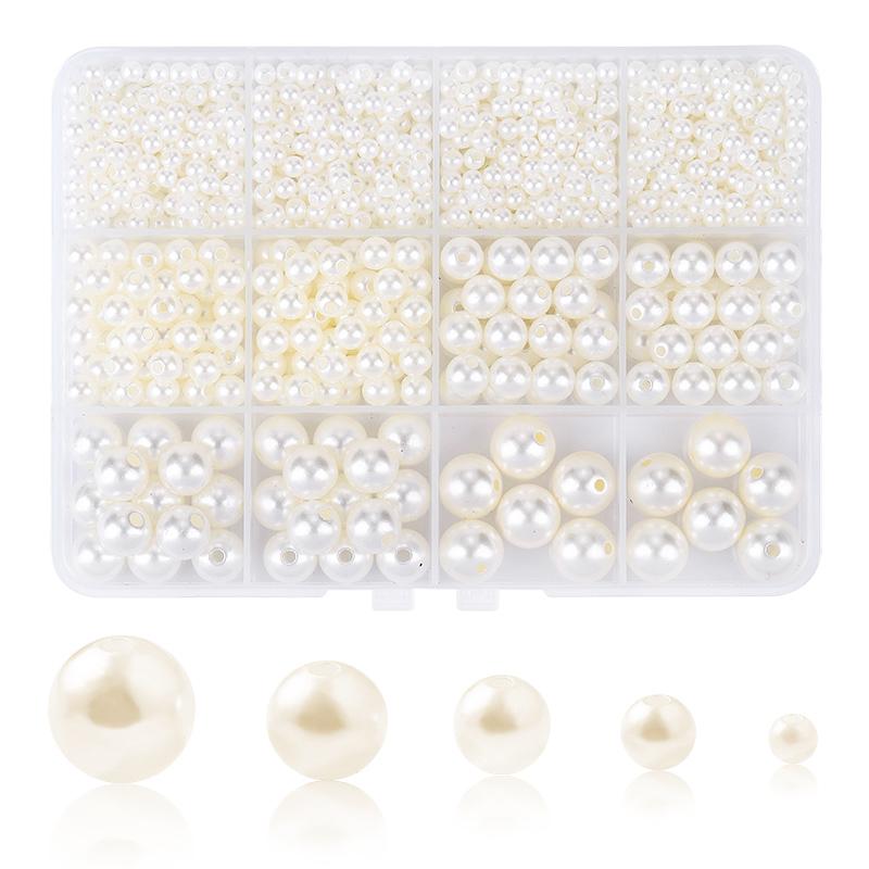 1200Pcs Resin Pearl Beads Kit 5 Sizes Round Small Pearl Filler Beads with Hole for DIY Craft Necklaces Earrings Bracelets Making