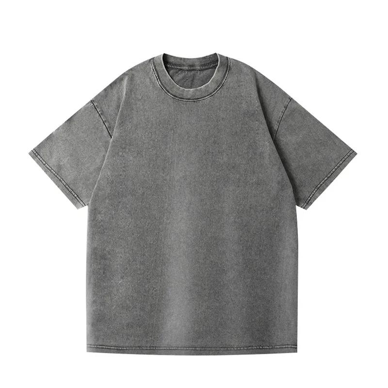 Summer Oversize Men's Cotton T-Shirt Heavyweight Wax Dyeing Washed Outdoor Style Short Sleeve Crew Neck Tops