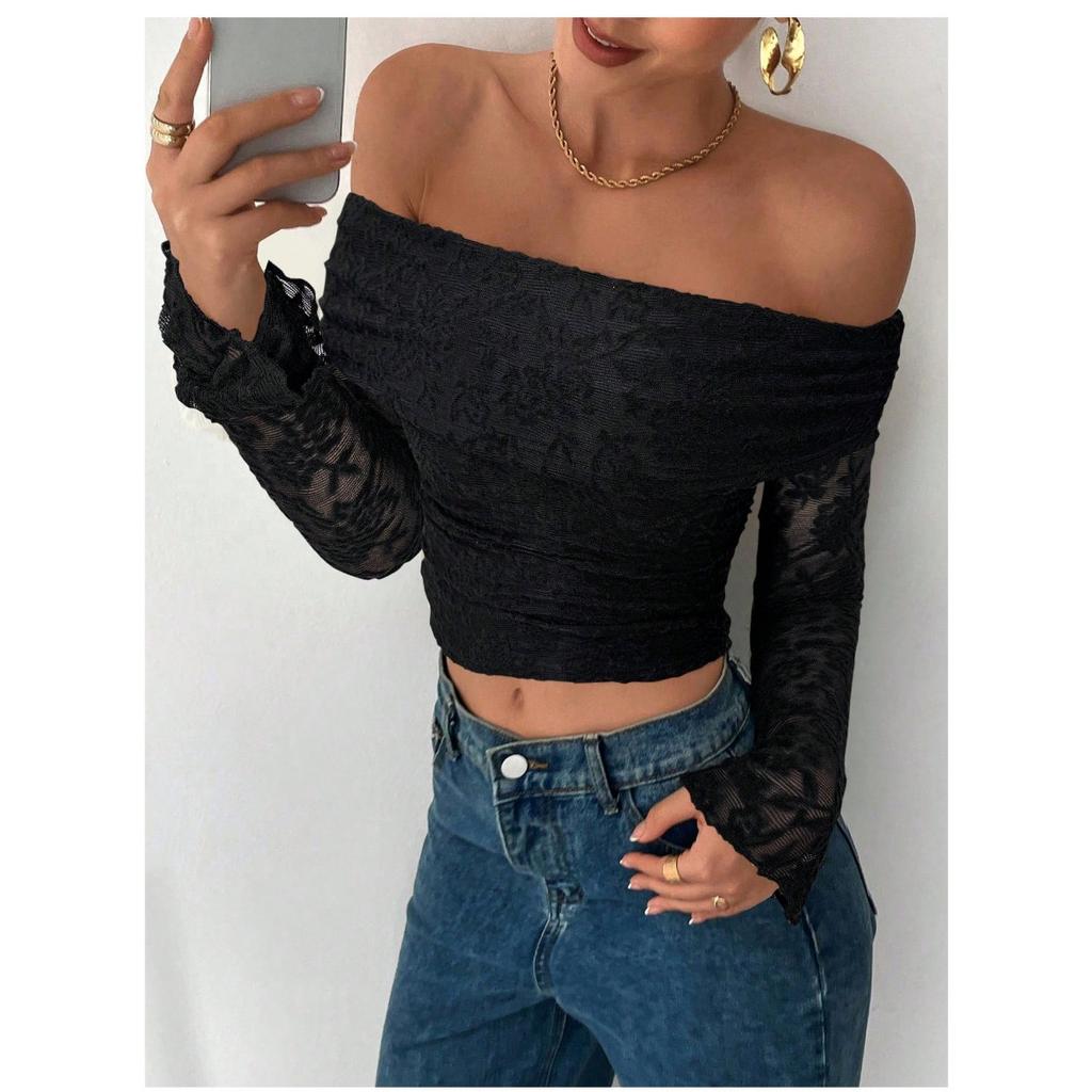 Neues Elegantes Damen Einfarbiges Spitze Schulterfreies Langarm Rückenfreies Oberteil T-Shirt