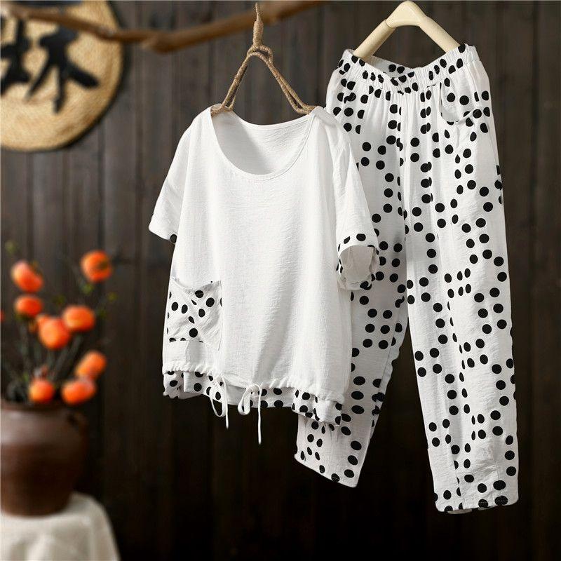 

Женские летние ансамбли с короткими рукавами: Легкие Модные Повседневные Костюмы-Двойки с Укороченными Брюками с Подчеркнутой Талией для Матерей Среднего Возраста XXXXL белый