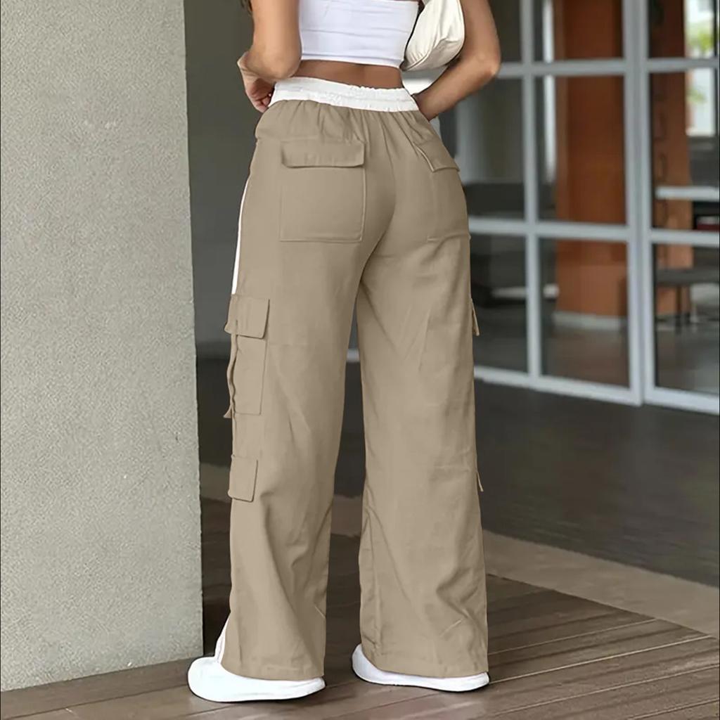 Ladies' Fashionable Side Striped Straight Leg Pants With Elastic Waist Pocket, Casual Sports Pants