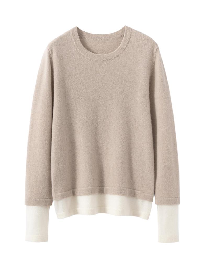 Two-Piece Look Cashmere Sweater - Women's Autumn/Winter 2026 Round Neck Color Block, Versatile, Loose-Fit with Slimming Effect.
