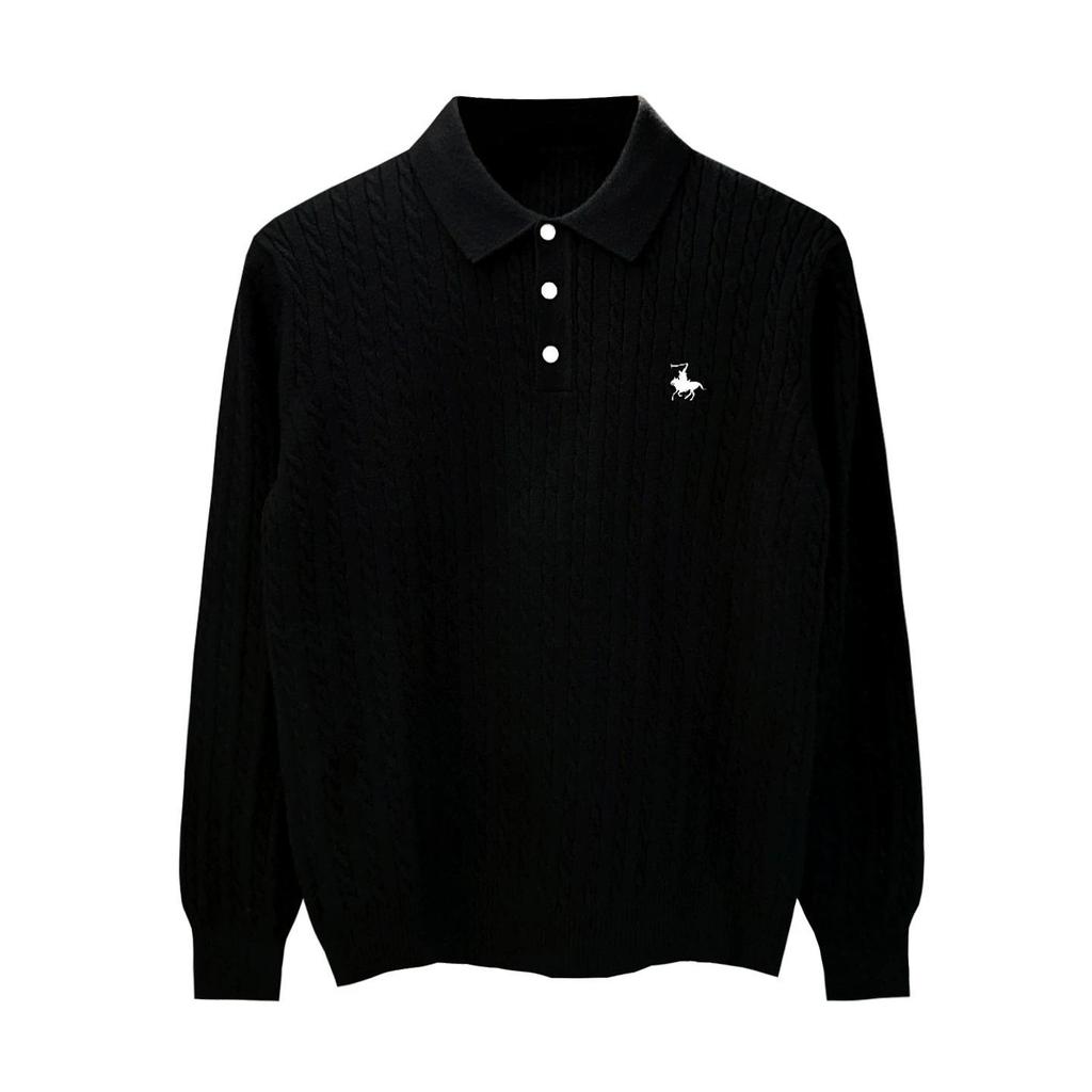 Men's High-End Retro Cable Knit Slim Fit Polo Sweater - Minimalist Long Sleeve Lapel Style