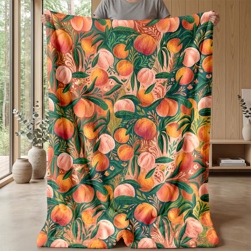 Peaches and Leaves Pattern Theme Blanket Lightweight Warm Flannel Blanket Decorative Throw Blanket for Home Decoration