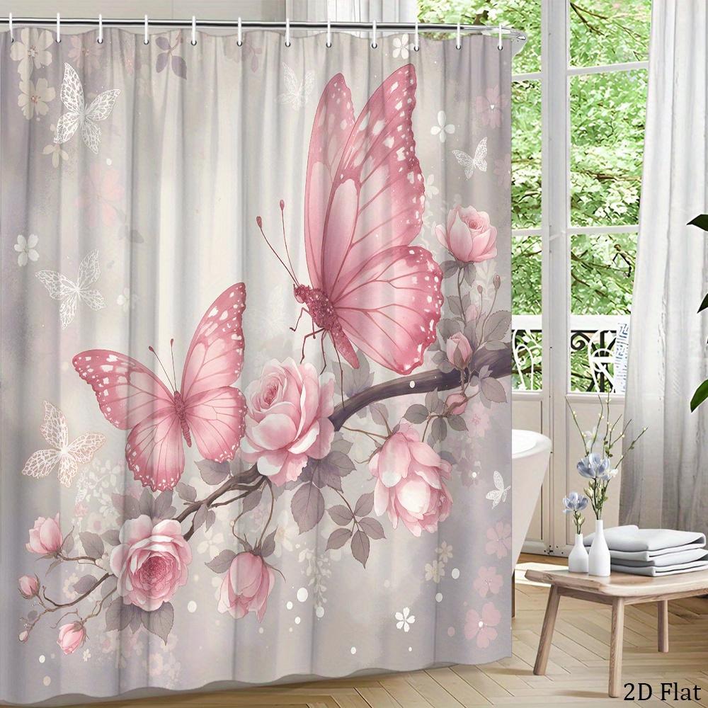 Pink Butterfly Rose Flower Shower Curtain Machine Washable All Season Waterproof Privacy Protection Romantic Design Elegant