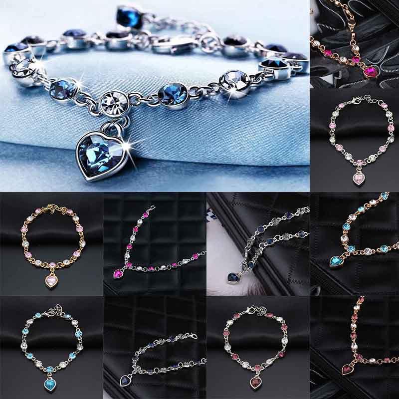 Chic Hottest Womens Ladies Crystal Rhinestone Bangle Ocean Blue Bracelet Chain Heart For Versatile Occasions