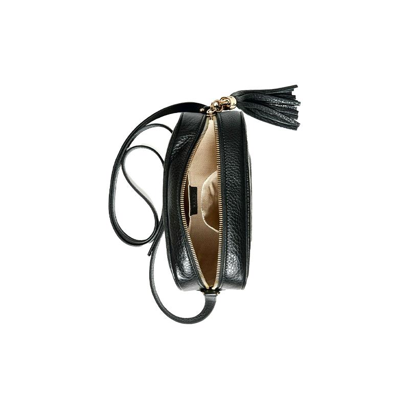 Gucci Soho Prägelogo Quastenanhänger Rindsleder Kamera Tasche Schulter Crossbody Tasche Kleine Größe Damen Schwarz