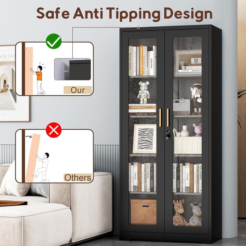 Black Glass-Door Lockable Display Cabinet with 4 Adjustable Shelves, Ideal for Liquor, Books, and Living Room Storage