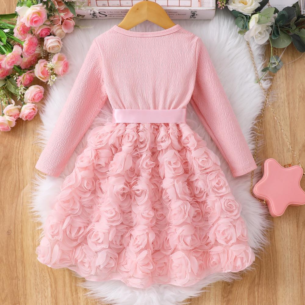 2-7Y Long-Sleeved Dress Girls Solid-Color Rose Print Dress Girls Fall/Winter Base Layer Skirt