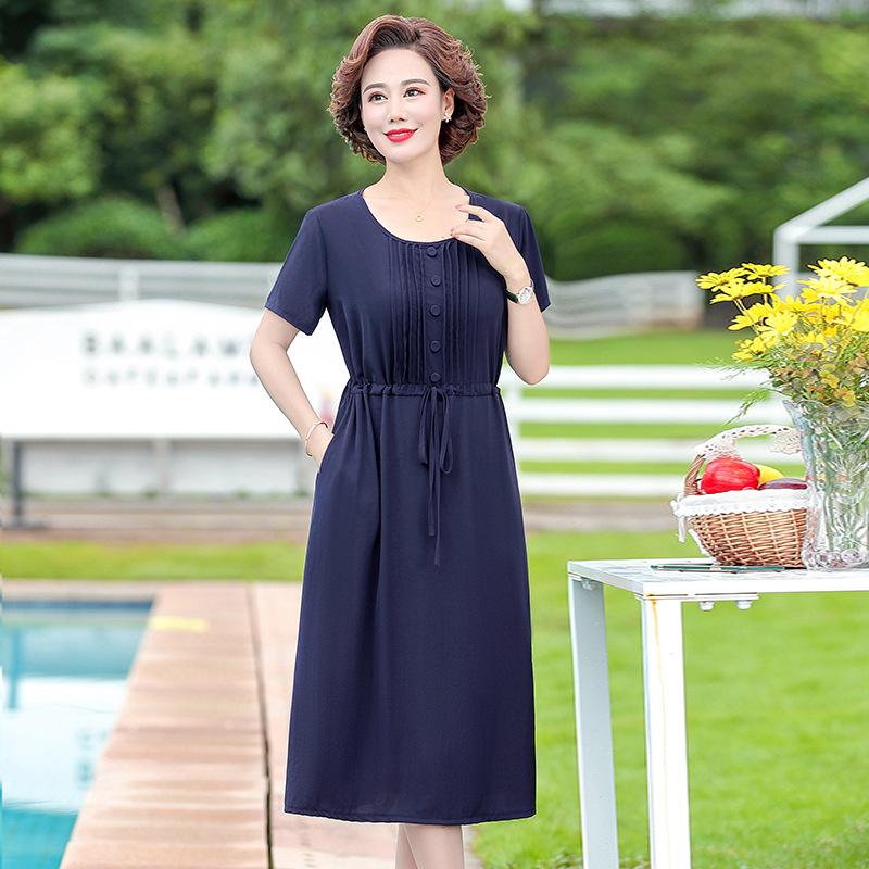 Buy Women's Summer Korean Dress Mother Dress Round Neck Solid