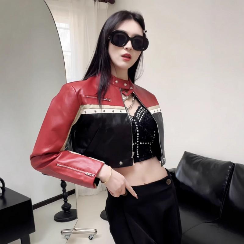Womens PU Leather Biker Jacket Short Crop Top With Color Block Design Stand Collar Streetwear