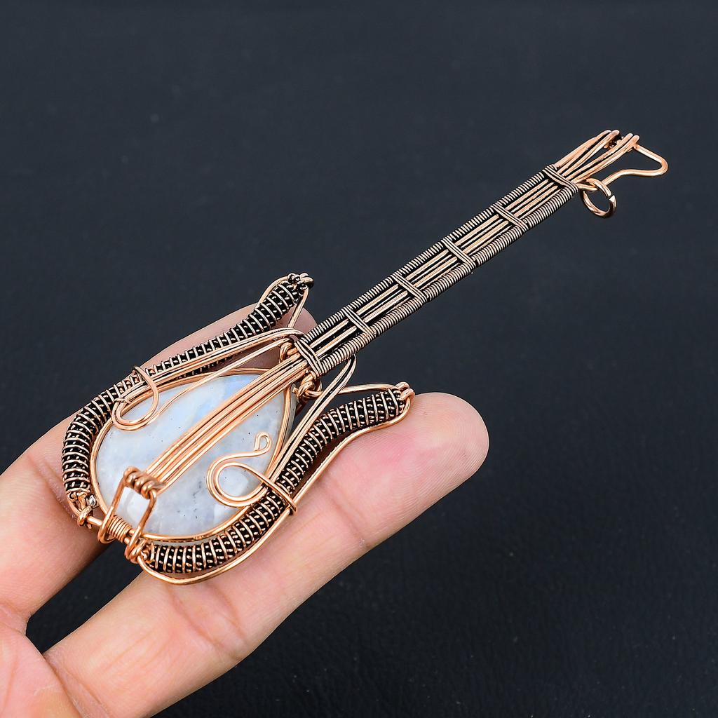 Rainbow Moonstone Handmade Copper Wire Wrap Guitar Pendant 4.53 y9W89