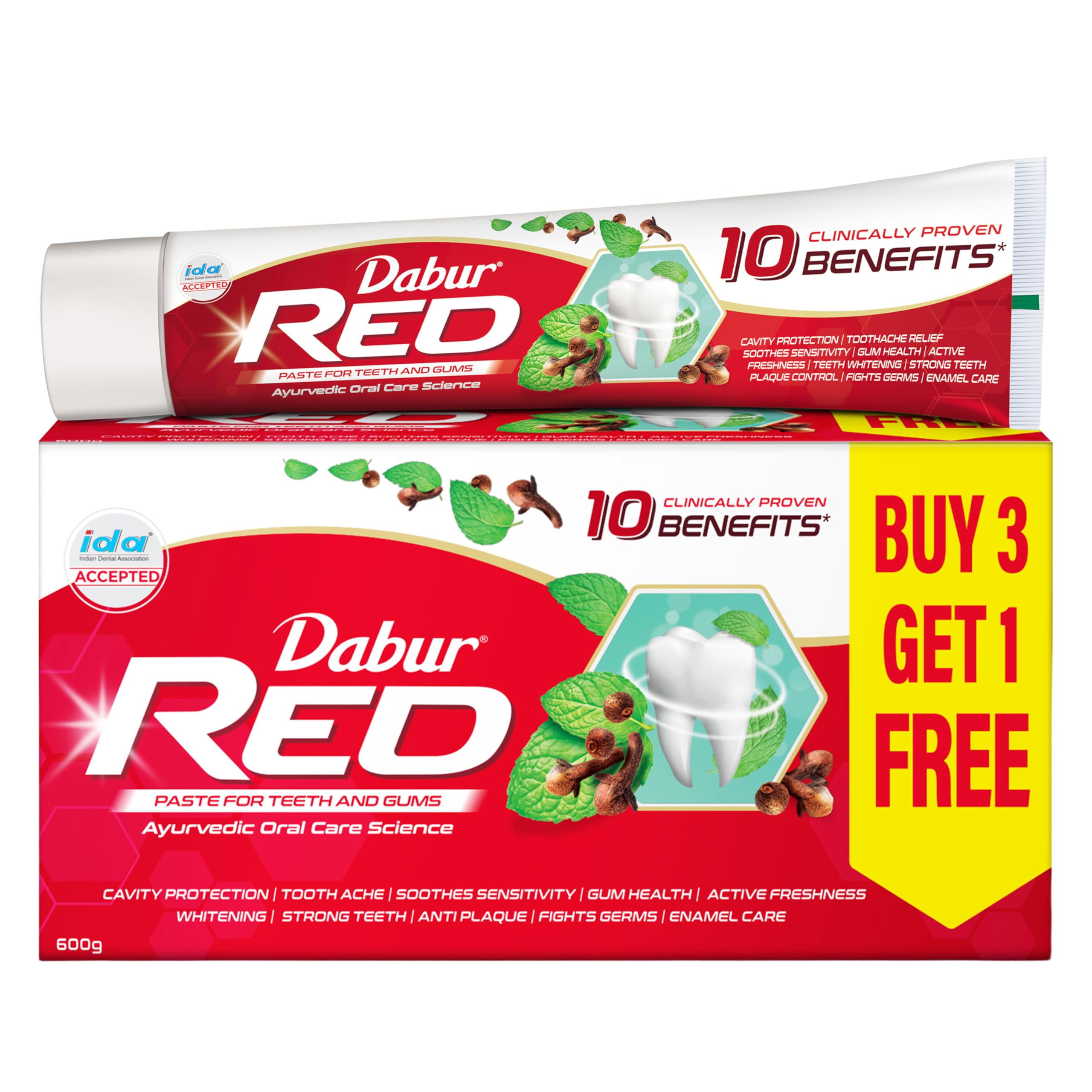 Dabur Red 600g (150g x 4, Pack of 4) Toothpaste - India s No.1 Ayurvedic Paste, Provides Protection Plaque Removal, Toothache, Yellow Teeth, Bad Br красный