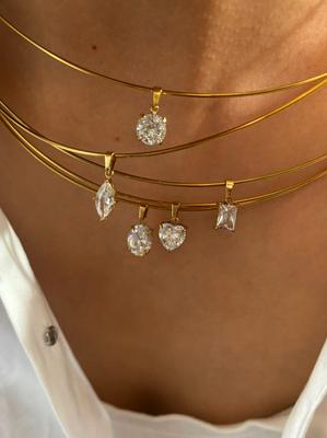 GHIDBK Statement 5 Designs Sparkling AAAA Zircon Pendant Necklace for Women Stainless Steel Choker Necklace Trendy Daily Jewelry