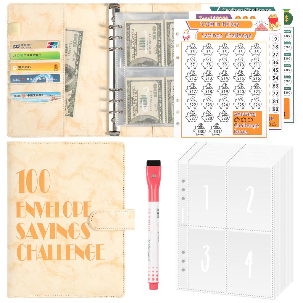100 Envelope Money Savings Challenge Binder Set A5 PU Leather Students Notebook Marble Budget Binder with Cash Pockets