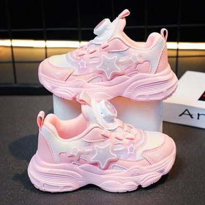 2024 Spring and Autumn New Children's Sneakers Girls Breathable Mesh Shoes Medium and Older Children Rotating Buckle Lightweight Running Shoes Intern