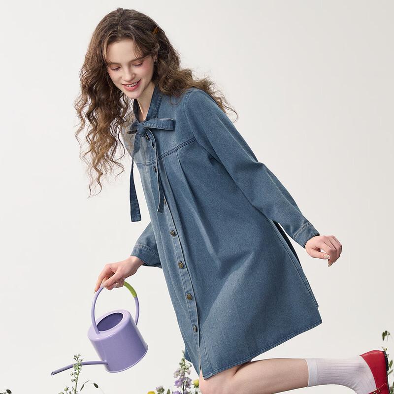 TonLion 2026 Spring Women's Ribbon Denim Dress