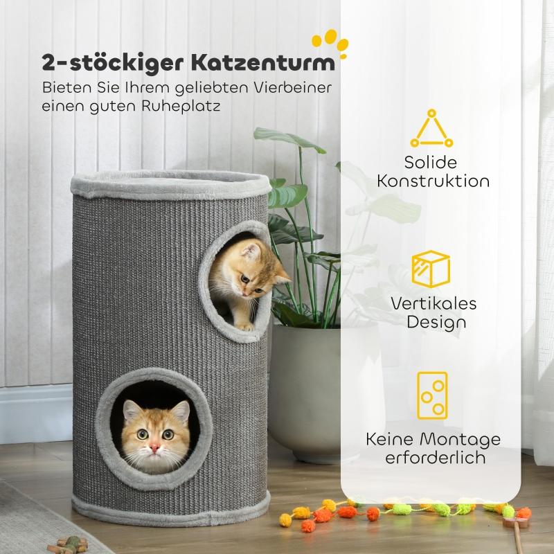 Scratching barrel, 60 cm high, Ø 35 cm, two-story cat barrel with 2 caves, plush rim, for 1-2 cats up to 5 kg, light grey