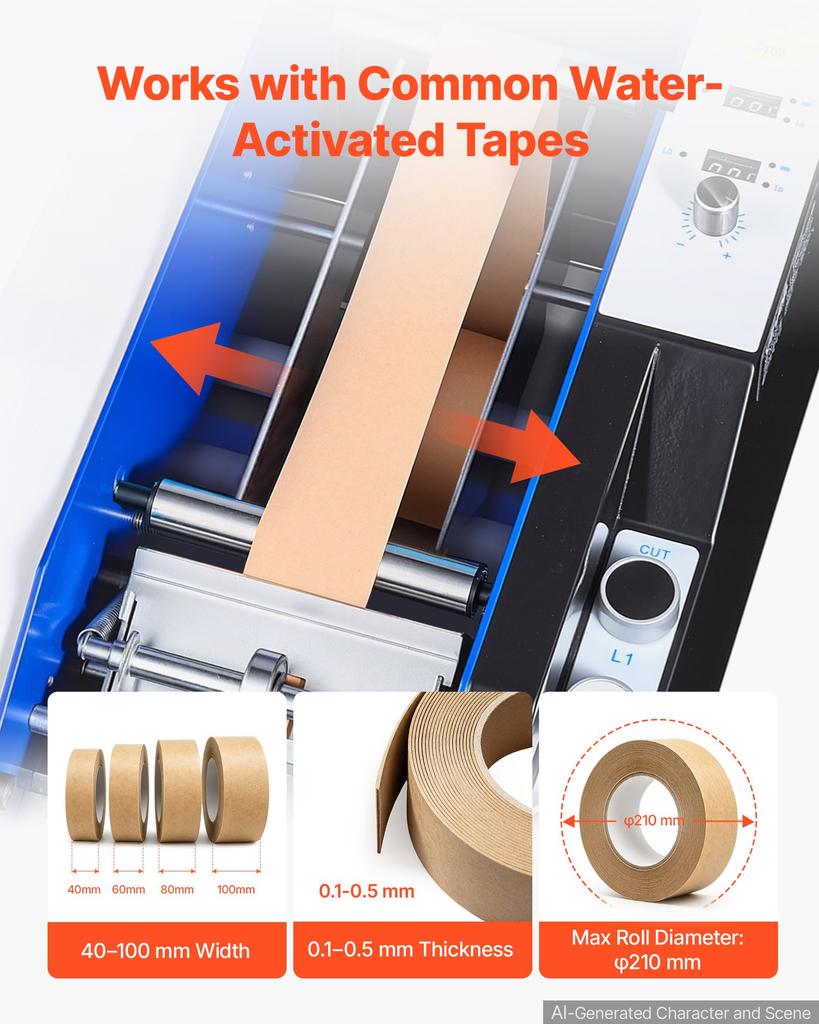 VEVOR Water-Activated Tape Dispenser, Automatic Kraft Gummed Tape Dispenser, 100–995mm Adjustable Length, 40–100mm Tape Width