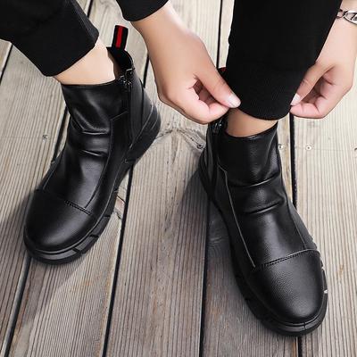 Autumn Martin Boots Men's Velvet Black Leather Boots Tooling Boots British High-top Leather Shoes High Boots Medium-top Trendy Men's Boots Winter