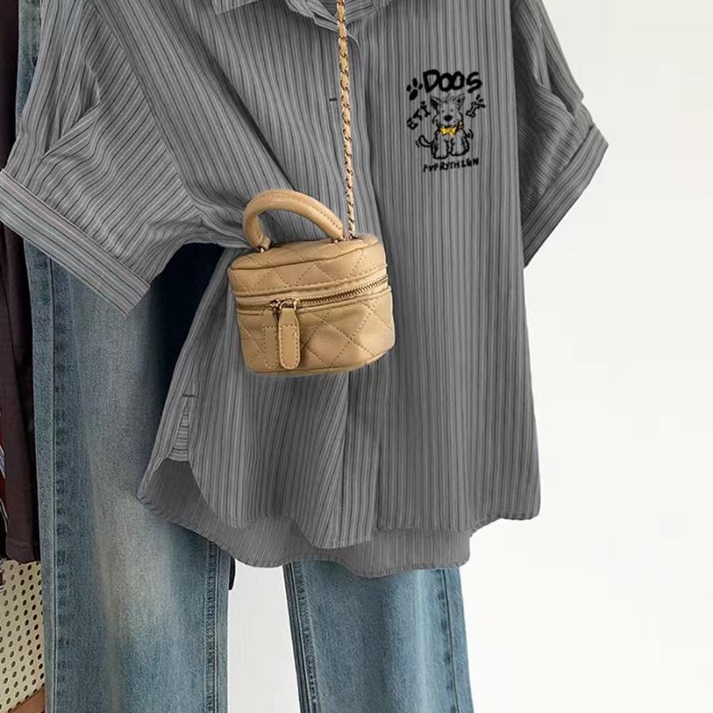 Ladies Dog Embroidered Solid Color Striped Shirts French Leisure Lapel Women's Short Sleeved Blouses Summer Casual Single Breasted Female Top