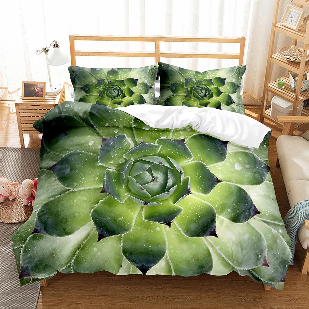 Succulent Plants Green Plant Duvet Cover Set Polyester Comforter Cover King Queen Full Size Bedding Set with Pillowcase for Teen