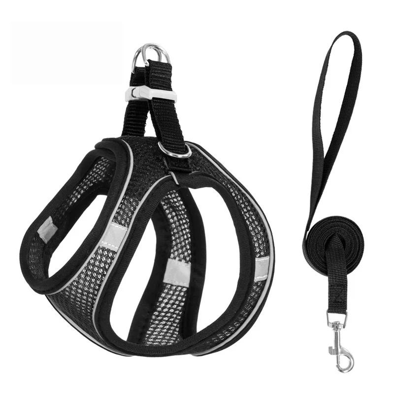 

Reflective Mesh Dog Harness and Leash Set Breathable Step-In Puppy Cat Vest Harness for Small Dogs XXS чёрный