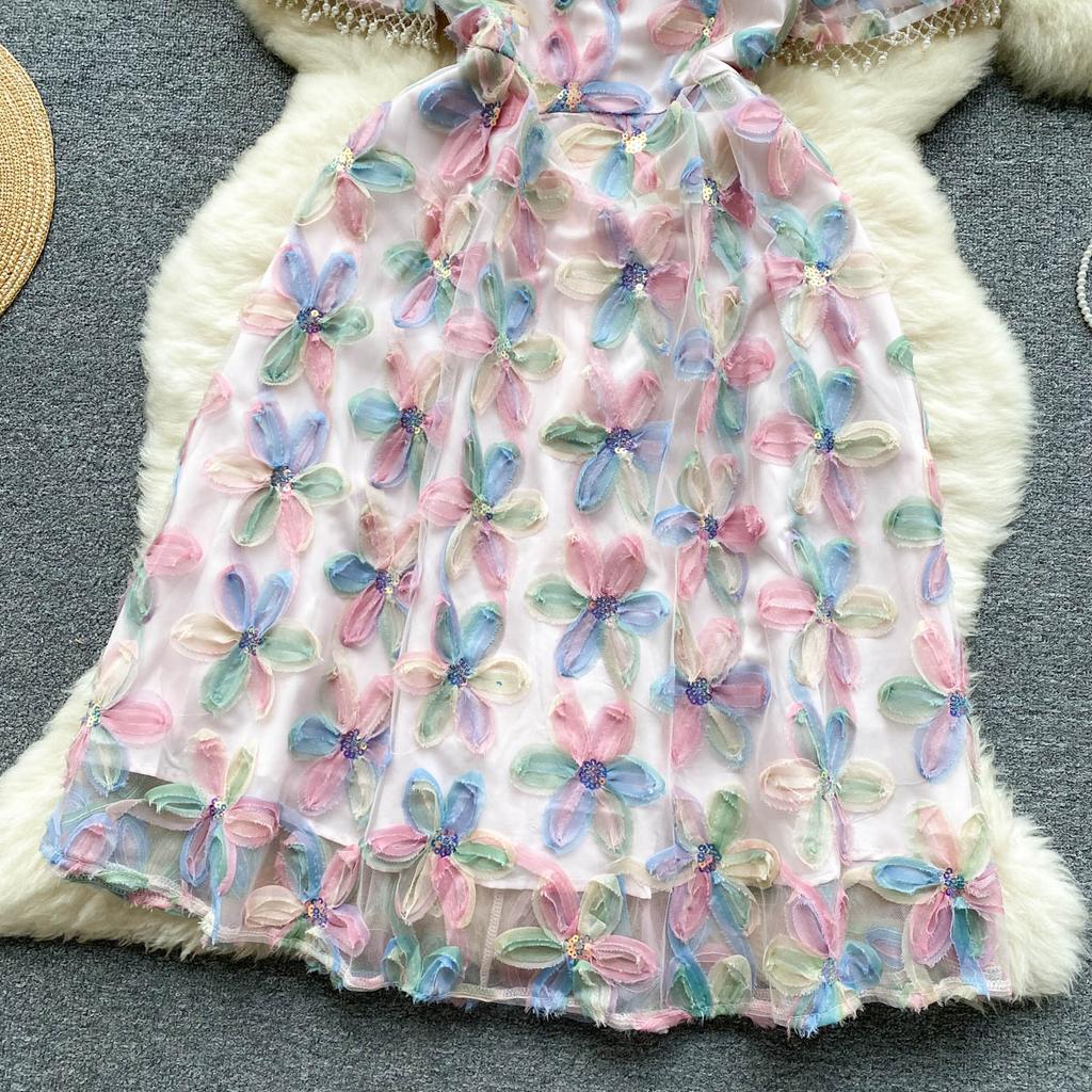 Fransk openwork gasbind søm paljetter broderi blomster A-linje kjole kvinner mote o-hals kortermet festkjoler